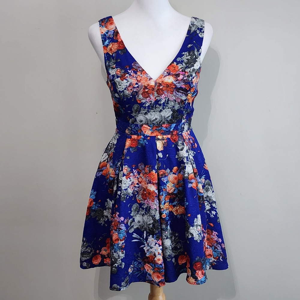 Lush Floral Fit and Flare Dress Womens Small Blue Party Event Jacquard Cocktail